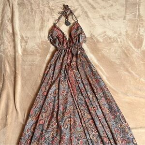 CORTE HINDU Pink and Blue Flowy Paisley V-Neck Halter Open Back Maxi Dress